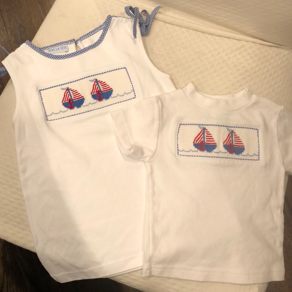 Brother/sister shirt set sailboat smocked